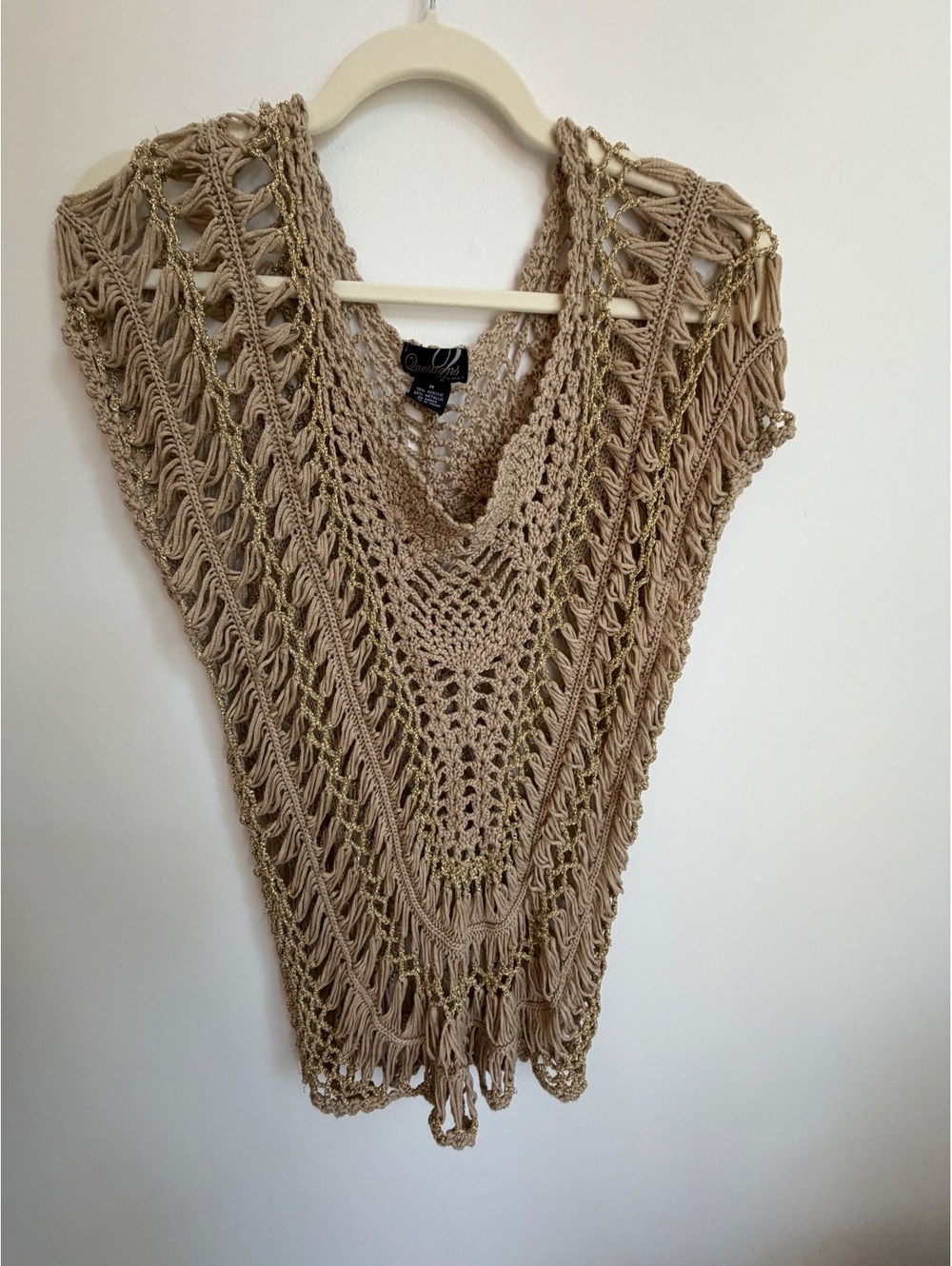 Say What Questions Boho Crochet Tunic Size M Beige Metallic Gold Festival Y2K